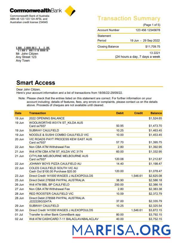 Downloadable Australia Commonwealth bank statement, 5 pages example